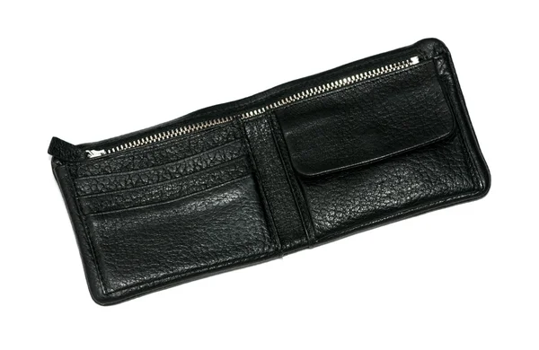 Μαύρο δερμάτινο πορτοφόλι απομονωμένο σε λευκό φόντο. — Φωτογραφία Αρχείου