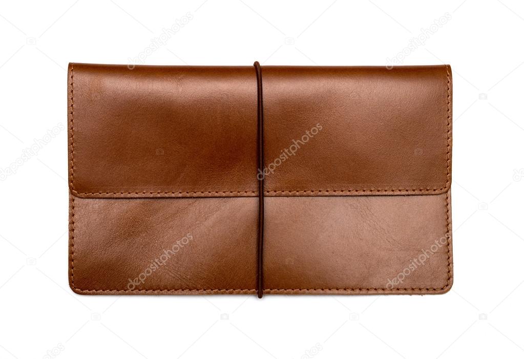 Brown leather clutch bag on a white background