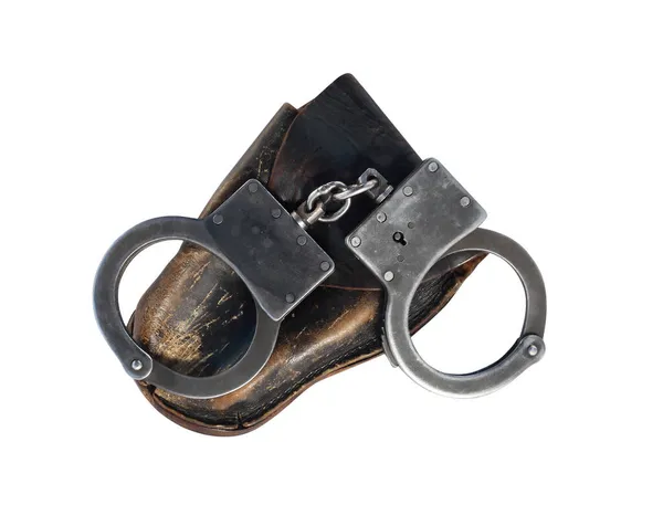 Old Metal Handcuffs Leather Case Them Isolated White Background Clipping — Stock Photo, Image