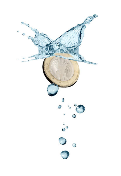 One Euro coin with water splash on white background