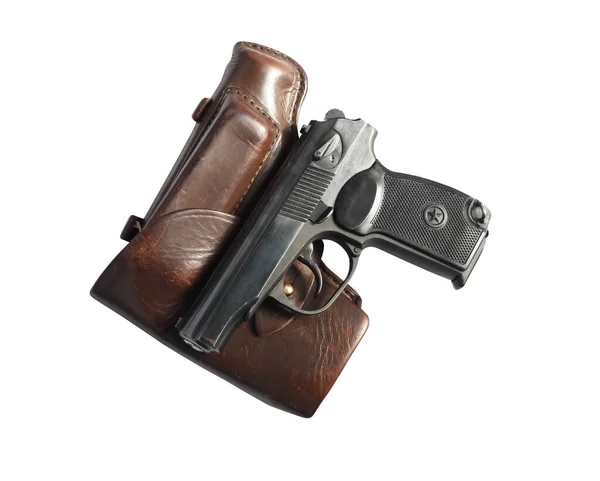 Handfeuerwaffe Und Holster Isoliert Auf Weißem Hintergrund Mit Clipping Pfad — Stockfoto