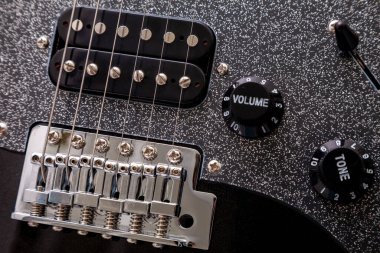 electric guitar, close up, strings, bridge and humbucker