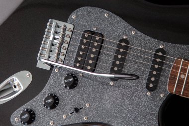 Elektro gitarın yakın plan ses panosu. stratocaster, humbucker ve 2 tekil şekil