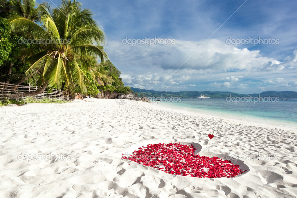 Heart of roses petals on sea sand beach — Stock Photo © pashapixel