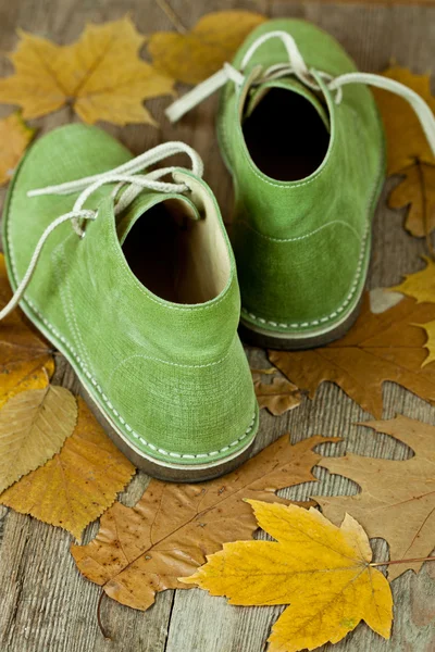 Botas de cuero verde y hojas amarillas — Foto de Stock