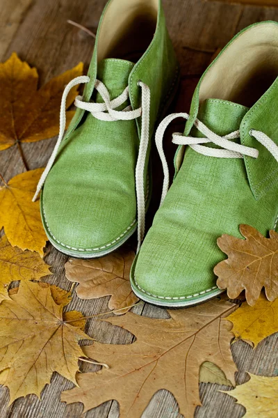 Botas de cuero verde y hojas amarillas — Foto de Stock