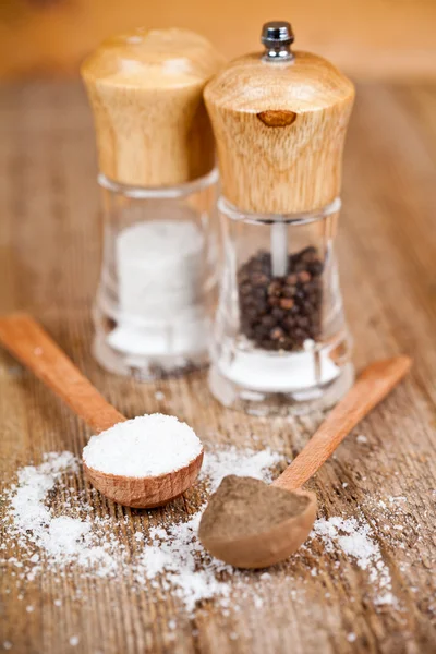Salt and pepper in spoons and shakers — Stock Photo, Image