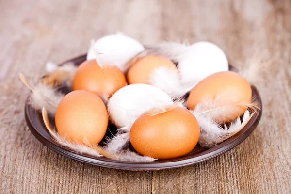 Ovos e penas em uma chapa — Fotografia de Stock