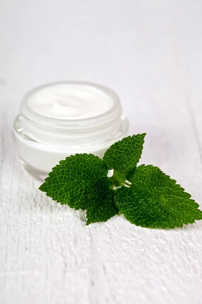 Face cream in glass jar with green leaf of urtica — Stock Photo, Image