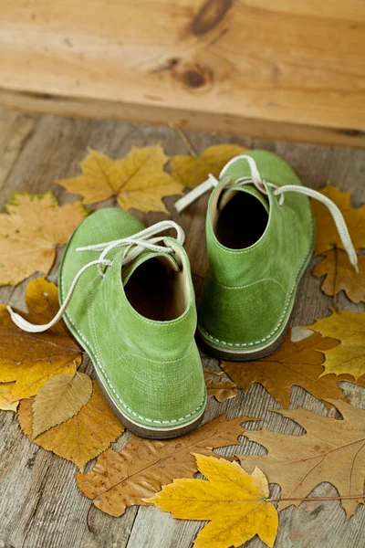 Par de botas de cuero verde y hojas amarillas —  Fotos de Stock