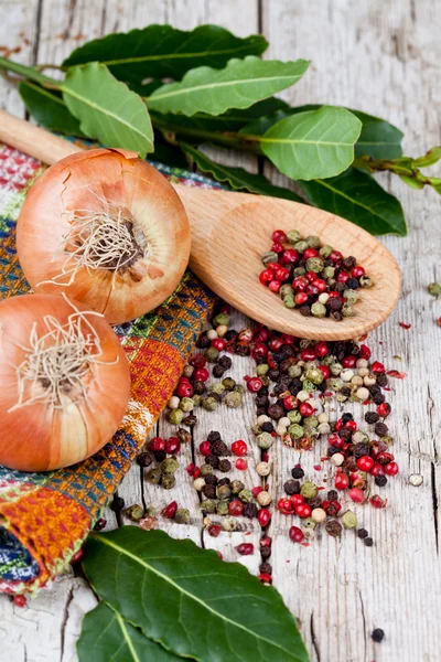 Cebolas frescas, pimenta e folhas de louro — Fotografia de Stock