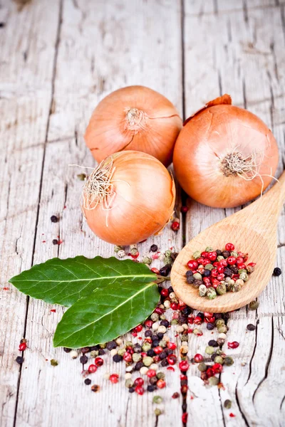 Cebollas frescas, hojas de laurel y granos de pimienta — Foto de Stock