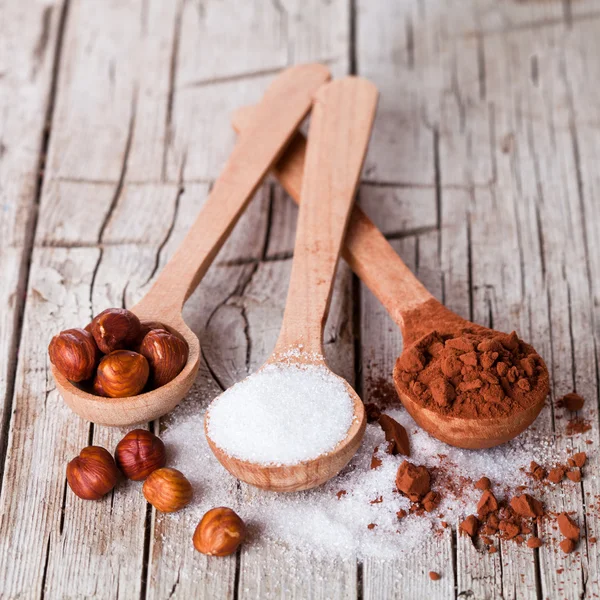 Sugar, hazelnuts and cocoa powder in spoons — Stock Photo, Image