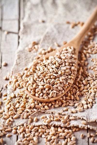 Tahta kaşık buğday tahıl — Stok fotoğraf