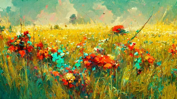 Flower painting. Wildflowers white daisies, red poppies and yellow beautiful flowers in grass on field. Digital generated landscape impressionism artwork.