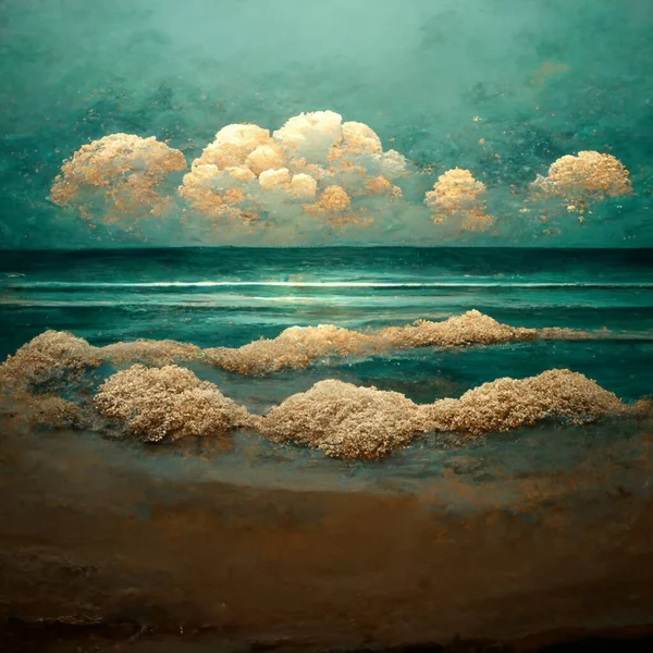 Sea beach landscape. Ocean view panorama, water sand and clouds. Digital generated beach vacation background.