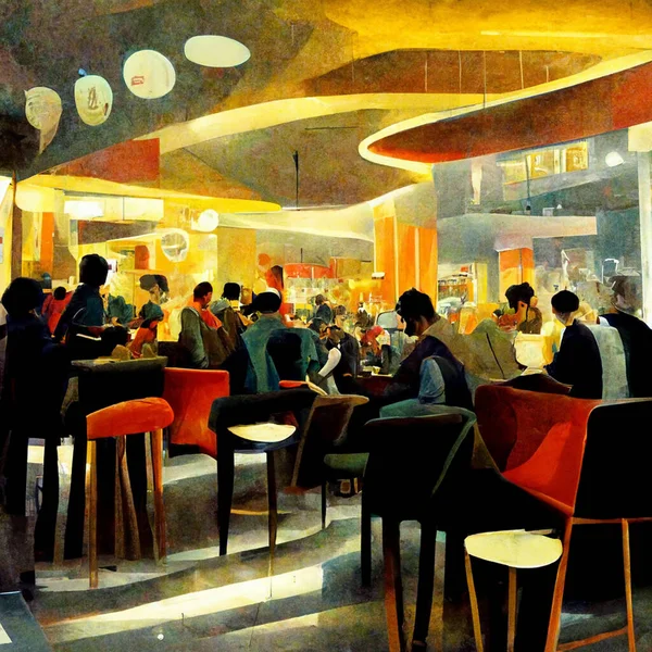 People meeting in cafe, drinking beer in pub, sitting at table or counter and talking. Digital generated illustration of night life, party, bar concept.