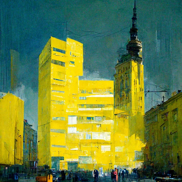Abstract buildings in city on watercolor painting. City on digital generated  illustrated contemporary art. City scape watercolor painting in yellow and grey colors.