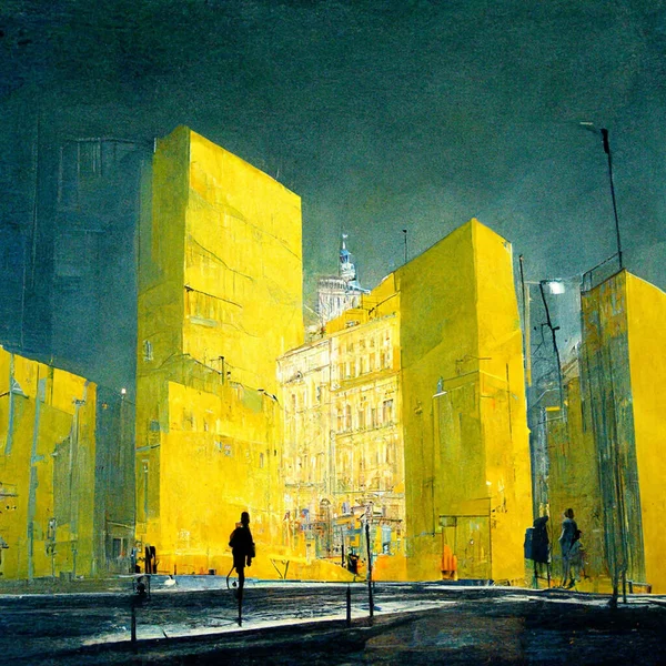Abstract buildings in city on watercolor painting. City on digital generated  illustrated contemporary art. City scape watercolor painting in yellow and grey colors.
