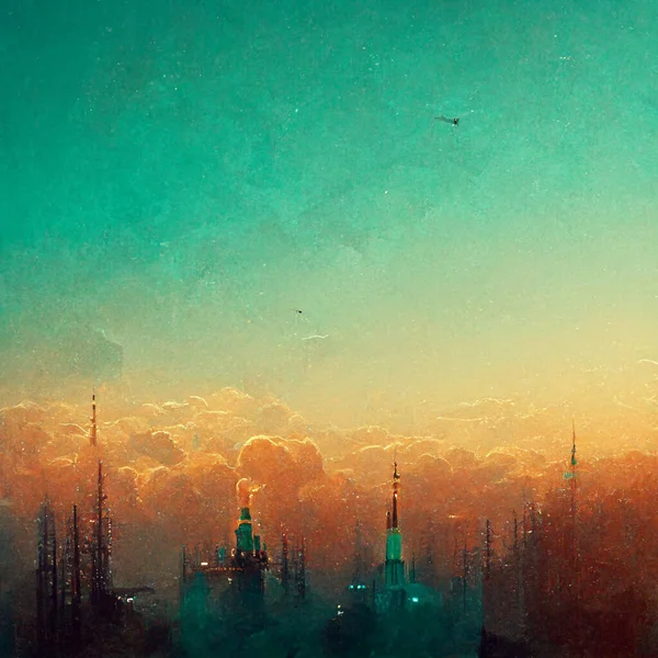 Beautiful fantastic city with silhouettes of skyscrapers against the backdrop of a sunset. Urban landscape. Cityscape background. Digital generated modern city landscape.