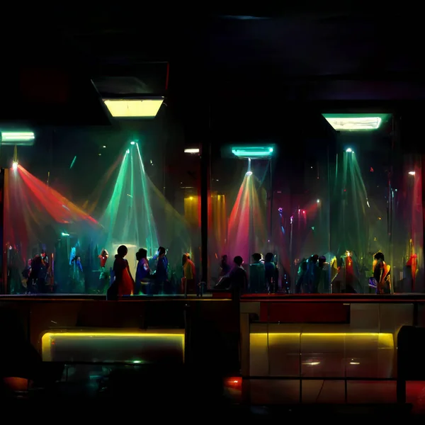 Crowd enjoying great festival party.People dance in disco night club to music from DJ on stage. Digital generated night party and nightlife concept .