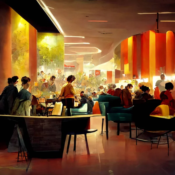 People meeting in cafe, drinking beer in pub, sitting at table or counter and talking. Digital generated illustration of night life, party, bar concept.