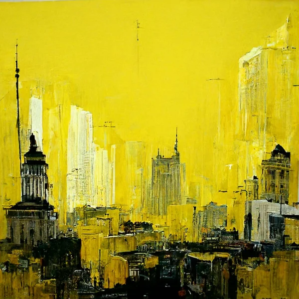Abstract buildings in city on watercolor painting. City on digital generated illustrated contemporary art. City scape watercolor painting in yellow and grey colors.