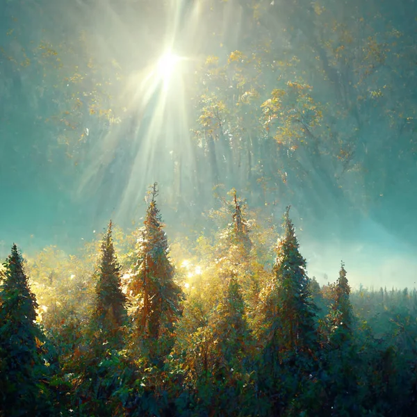 Beautiful sunny morning in magic forest. Forest in the morning in a fog in the sun, trees in a haze of light, glowing fog among the trees. Digital generted.