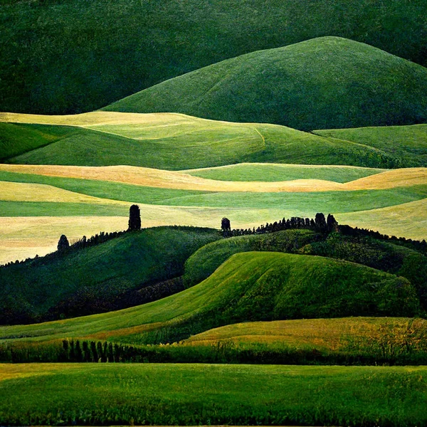 Well known Tuscany landscape with grain fields, cypress trees and houses on the hills at sunset. Summer rural landscape with curved road in Tuscany, Italy, Europe. Digital generated illustration.