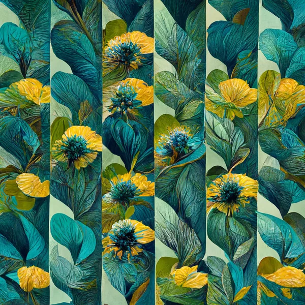 Teal and yellow abstract flower pattern for prints, wall art, cover and invitation. Watercolor art background. Digital generated wallpaper design with flower paint brush line art.
