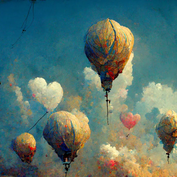 Beautiful fantasy hot air balloons against a blue sky and clouds. Vintage styled digital generated illustration.