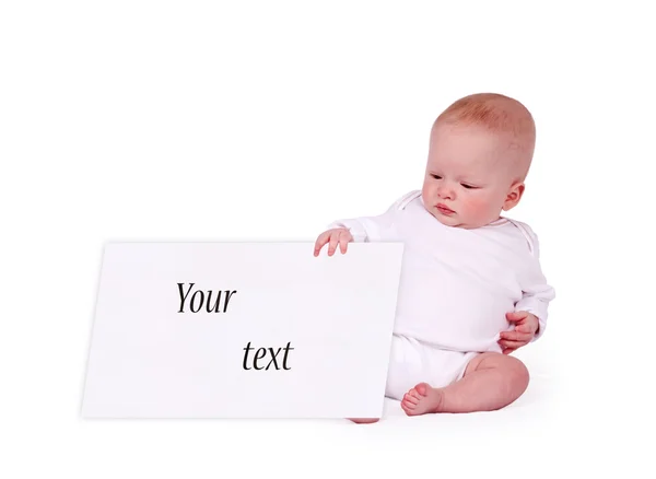 Newborn holding empty, white sign with place for your copy text — Stock Photo, Image