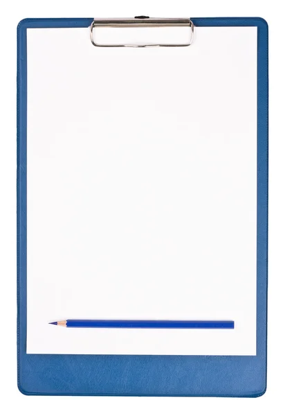 Blank clipboard isolated on white with blue pencil — Stock Photo, Image