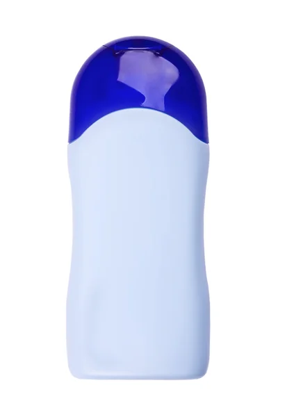 Синя порожня пластикова пляшка ізольована на білому — стокове фото