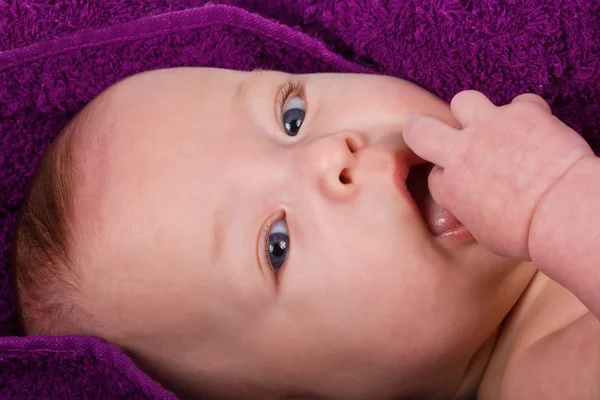 Il bambino su uno sfondo lilla — Foto Stock