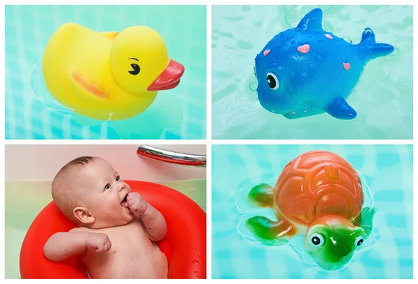 Niño y juguetes en agua, collage — Foto de Stock