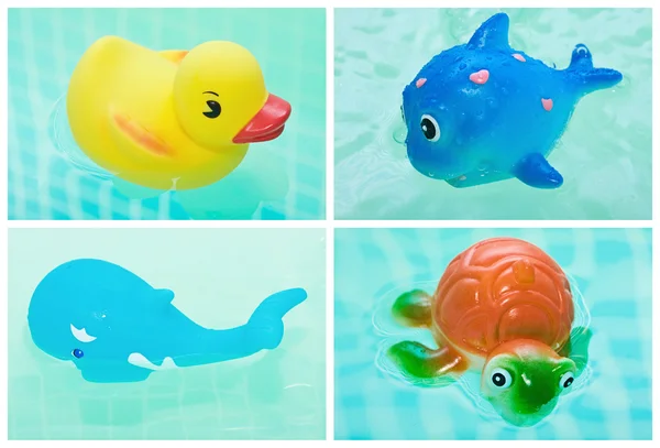 Toys for a bathroom in water, collage — Stock Photo, Image