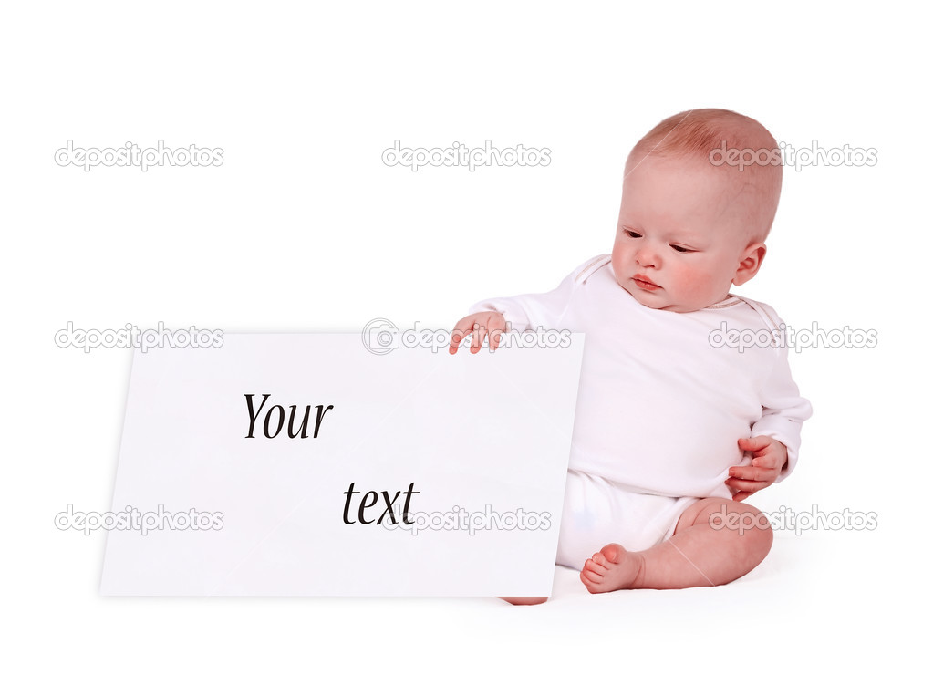 newborn holding empty, white sign with place for your copy text