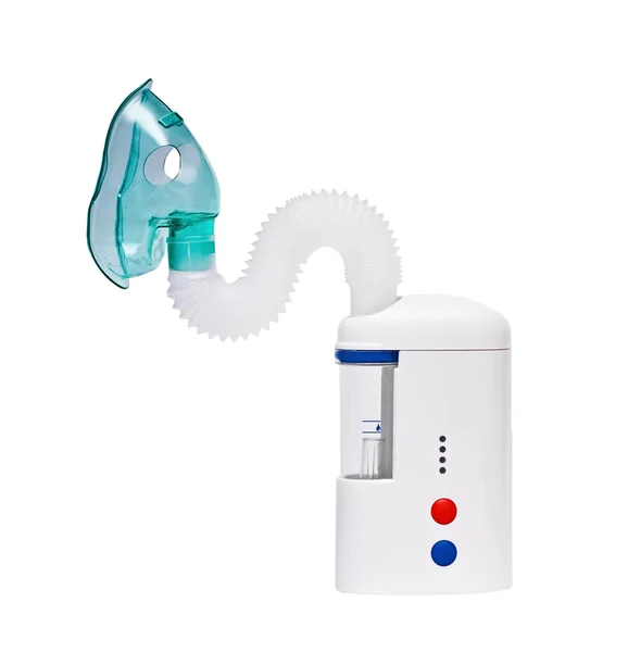 Nebulizzatore con maschera antigas sul bianco — Foto Stock