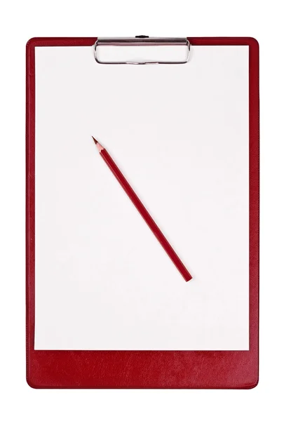 Presse-papiers blanc isolé sur blanc avec crayon rouge — Photo