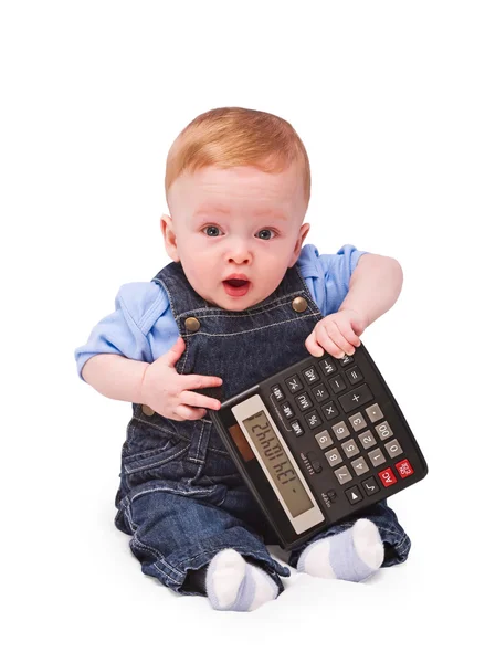 Baby - financial genius. Calculation has left in a minus, concept. On the white. — Stock Photo, Image