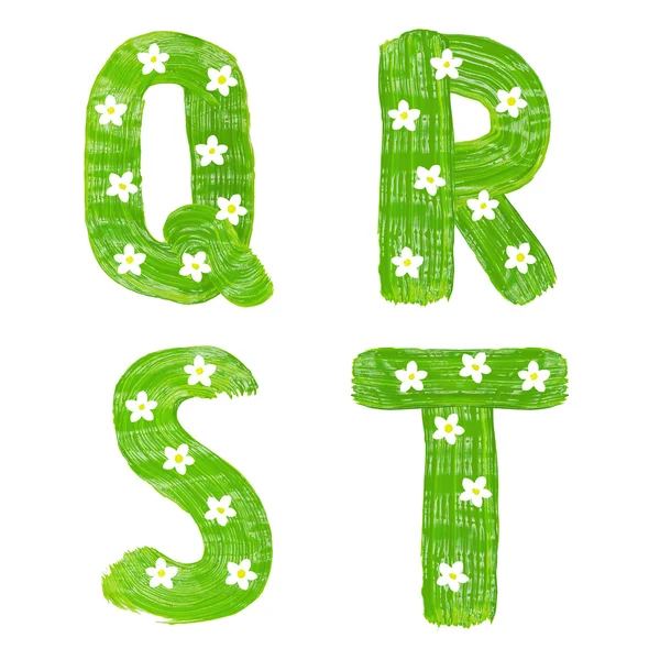 Las letras Q R S T dibujadas por pinturas con flor blanca — Foto de Stock