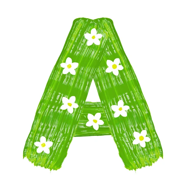 The green letters A drawn by paints with white blossom — Stock Photo, Image