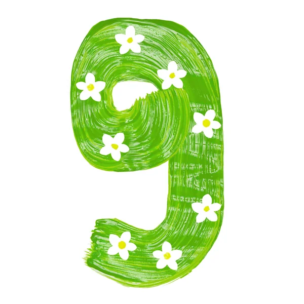 Zelená devítka, tažený barvy s bílými květy — Stock fotografie
