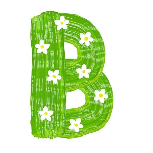 Boyalar ile beyaz çiçek tarafından çizilmiş yeşil harf b — Stok fotoğraf
