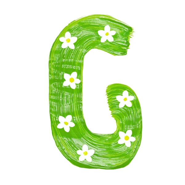 Las letras verdes G dibujadas por pinturas con flor blanca — Foto de Stock