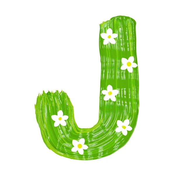 As letras verdes J desenhadas por tintas com flor branca — Fotografia de Stock