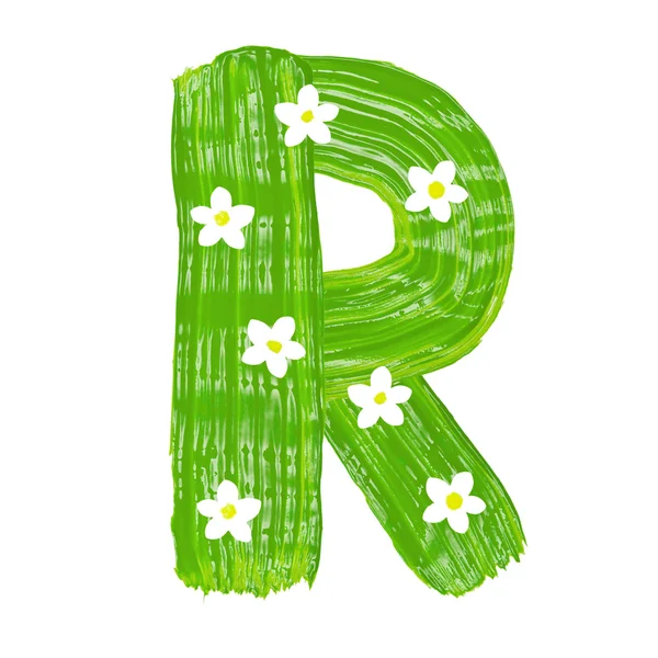 Las letras verdes R dibujadas por pinturas con flor blanca —  Fotos de Stock