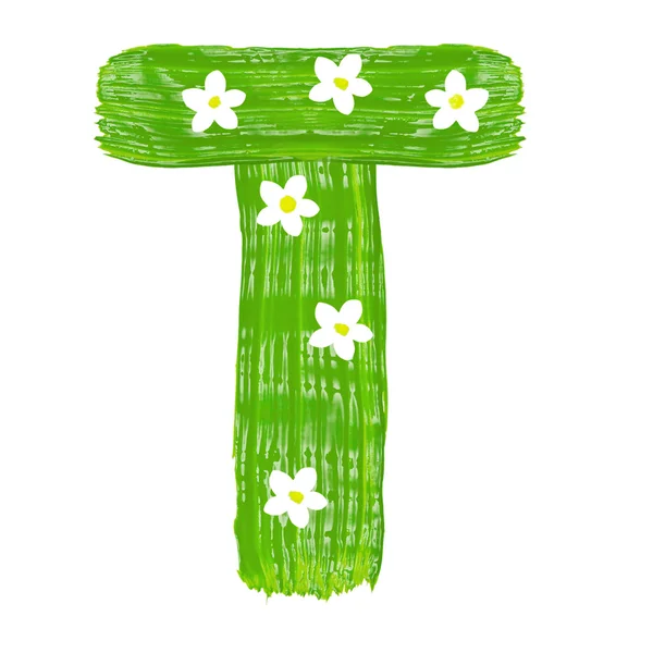 As letras verdes T desenhadas por tintas com flor branca — Fotografia de Stock