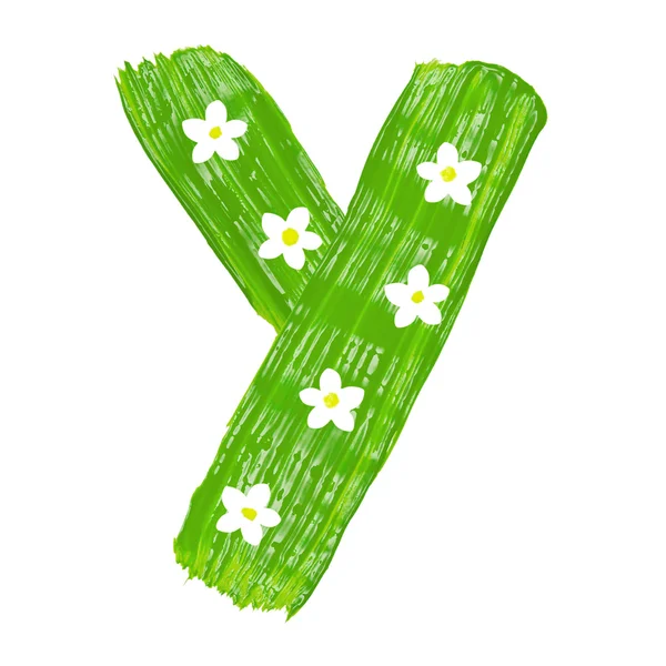 The green letters Y drawn by paints with white blossom — Stock Photo, Image
